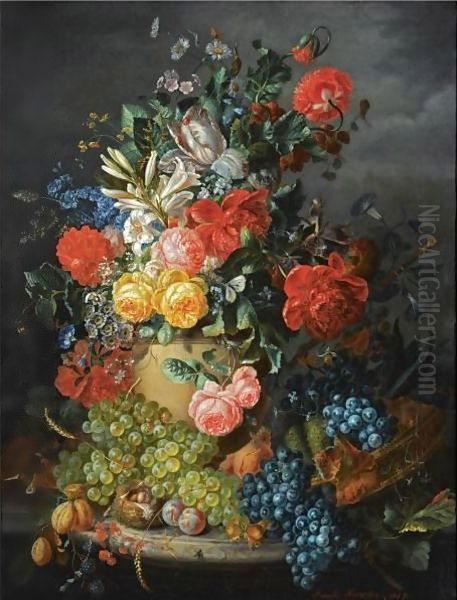 A Flower Still Life With Grapes Oil Painting by Amalie Kaercher