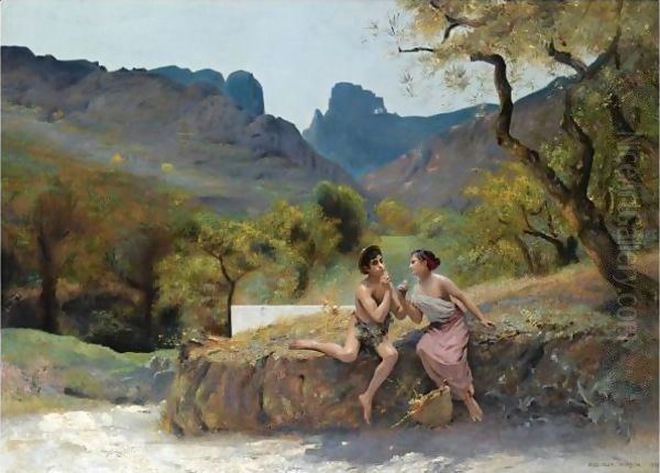 Flirtation In An Arcadian Landscape Oil Painting by Auguste Alexandre Hirsch