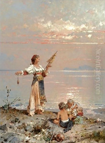 Figures On The Shore In The Bay Of Naples Oil Painting by Franz Richard Unterberger