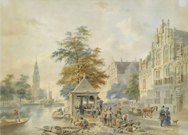 A View Of Amsterdam With The Montelbaanstoren In The Distance Oil Painting by Bartholomeus Johannes Van Hove