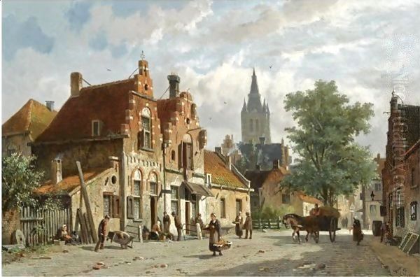 Figures In The Sunlit Streets Of A Dutch Town Oil Painting by Adrianus Eversen