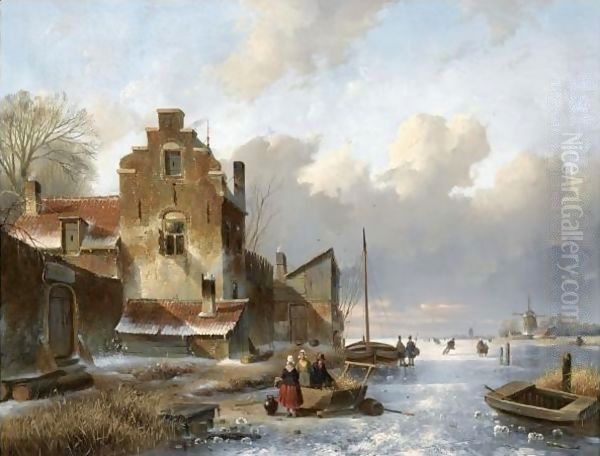 Figures On The Ice Unloading A Sledge Oil Painting by Charles Henri Leickert