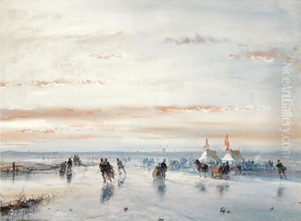 Winter Fun On The Ice Near A 'Koek En Zopie' Oil Painting by Andreas Schelfhout