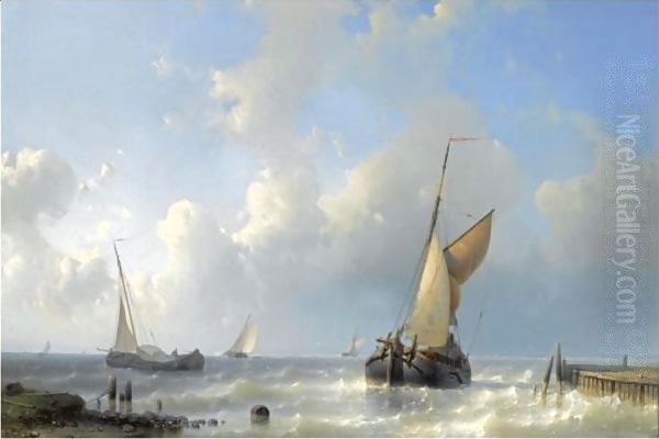 Fishing Boats In Choppy Waters 2 Oil Painting by Abraham Hulk Jun.