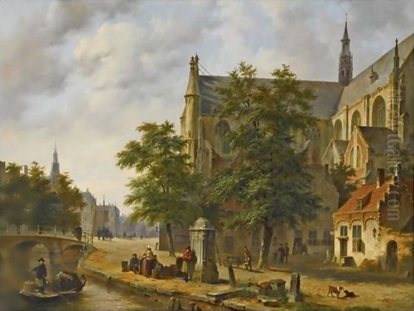 Figures Near A Church In A Dutch Town 2 Oil Painting by Bartholomeus Johannes Van Hove