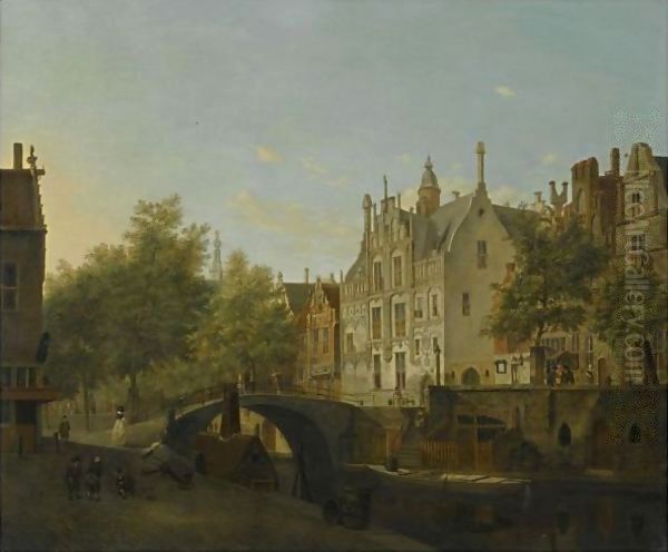 Delft, A View Of The Oude Delft And The Gemeenlandshuis Oil Painting by Jan Van Der Heyden