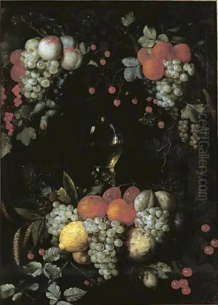 A Still Life With A Roemer, Oranges, Grapes, Plums, Lemons And Other Fruit In A Niche Surrounded By Garlands Of Fruit Oil Painting by Jan Pauwel Gillemans The Elder