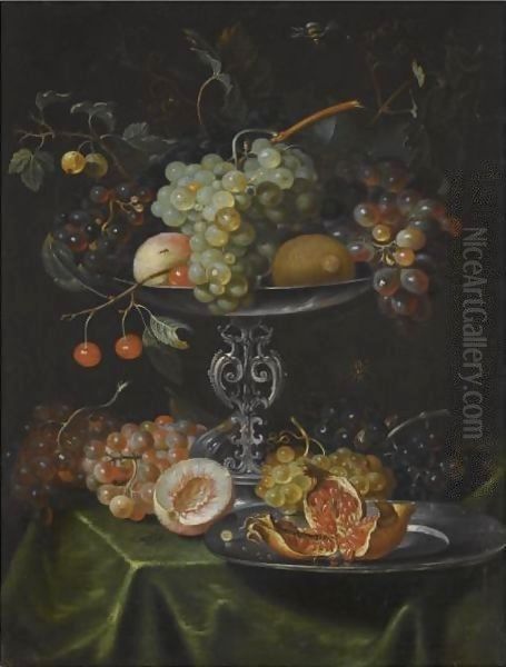 A Still Life With Grapes, Pomegranates And Peaches In A Silver Dish Oil Painting by Jacob Marrel