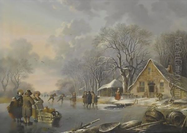 A Winter Landscape With Skaters On A Frozen River Near An Inn Oil Painting by Andries Vermeulen