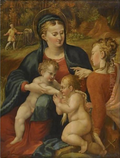 The Holy Family With Saints John The Baptist And Catherine Oil Painting by Michele Da Parma (see Rocca)