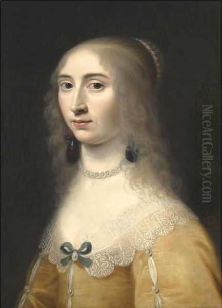 Portrait Of A Lady, Head And Shoulders, Wearing A Yellow Dress And A Pearl Necklace And Headdress Oil Painting by Jacob Willemsz II Delff