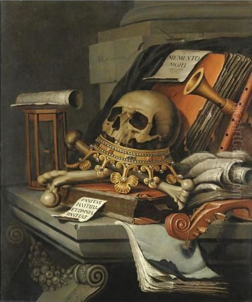 A Vanitas Still Life With A Skull Surmounting A Crown, Books, Scrolls, An Hour-Glass, A Violin And Other Musical Instruments, All Resting Upon A Stone Ledge Oil Painting by Edwart Collier