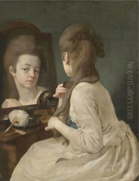 An Interior With A Young Lady At Her Toilet, Combing Her Hair Before A Mirror Oil Painting by Johann Anton de Peters