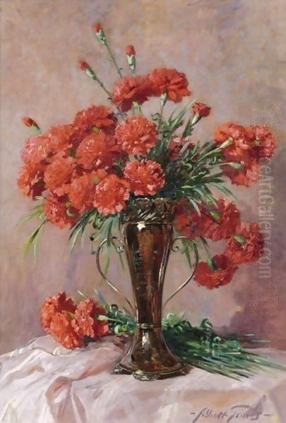 Red Carnations In A Silver Vase Oil Painting by Abbott Fuller Graves