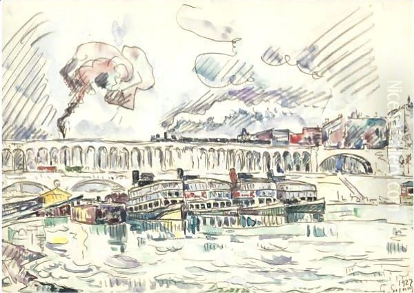 Viaduc Et Bateau Mouche A Auteuil Oil Painting by Paul Signac