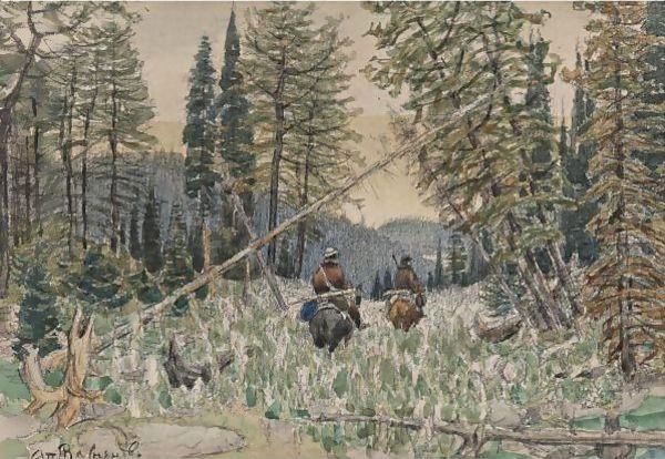 Hunters On Horseback In A Pine Forest Oil Painting by Apollinari Mikhailovich Vasnetsov