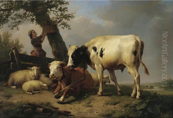 Shepherd Girl With Cattle And Sheep At Rest Oil Painting by Eugene Verboeckhoven