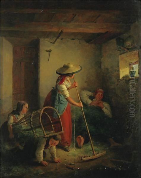 Cleaning The Stable Oil Painting by Eduard Ritter