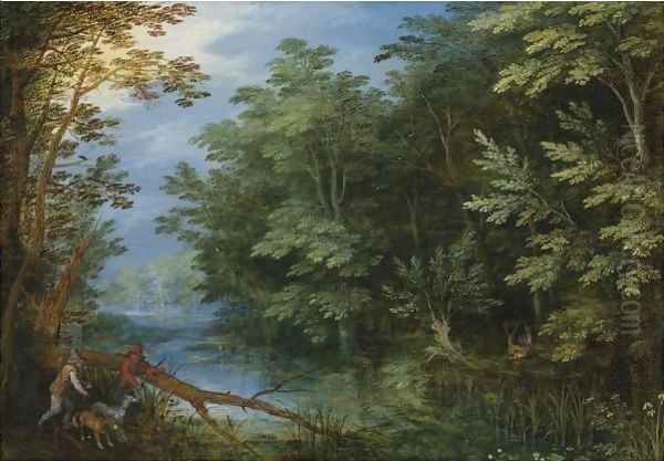 A Wooded River Landscape With Sportsmen Oil Painting by Jan The Elder Brueghel