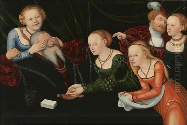 Old Man Beguiled By Courtesans Oil Painting by Lucas The Elder Cranach