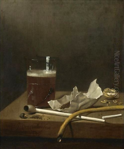 Still Life With A Glass Of Beer, A Pipe, Tobacco And Other Requisites Of Smoking Oil Painting by Jan Jansz. Van De Velde