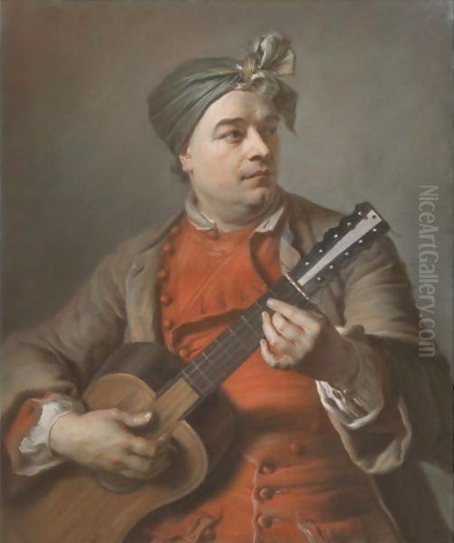 Portrait Of Jacques Dumont Le Romain Playing The Guitar Oil Painting by Maurice Quentin de La Tour