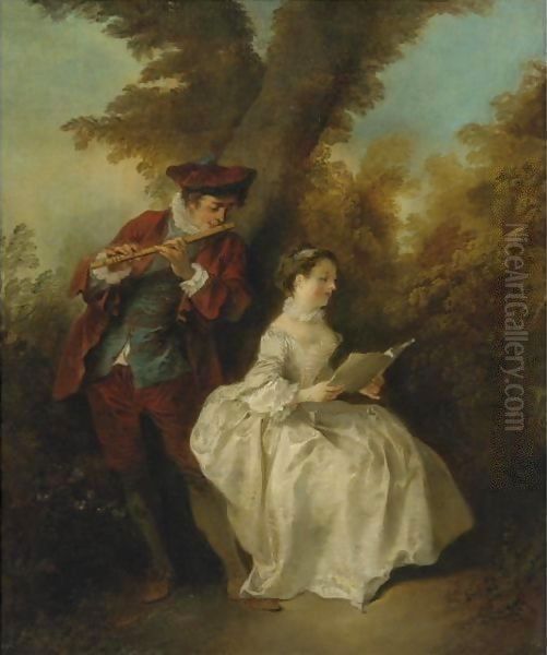 Le Duo, A Young Man Playing The Flute And A Young Woman Singing In A Landscape Oil Painting by Nicolas Lancret