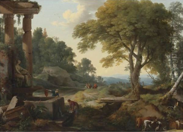 Landscape With Two Women At A Fountain, A Herd Of Cows At A Stream And Travellers On Horseback Oil Painting by Laurent De La Hyre