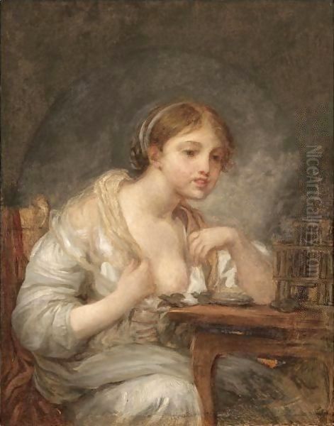 A Young Woman With A Birdcage Oil Painting by Jean Baptiste Greuze