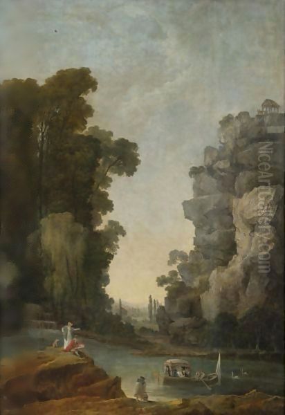 A Female Companion Observing A Boating Party In An Extensive Park Oil Painting by Hubert Robert