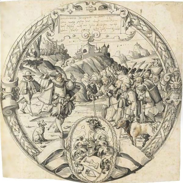 A Roundel With A Historical Scene From And The Arms Of Thomann Of Zurich Oil Painting by Christoph Murer