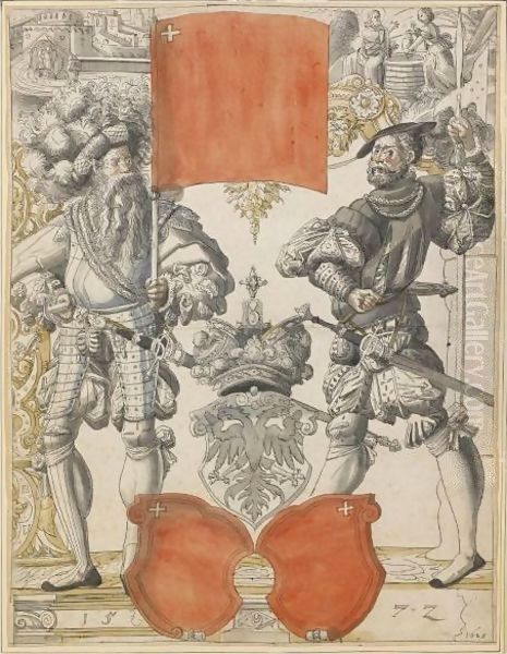 The Arms Of Canton Schwyz Between Two Militiamen, With Christ And The Woman Of Samaria Above Oil Painting by Daniel Lindtmayer