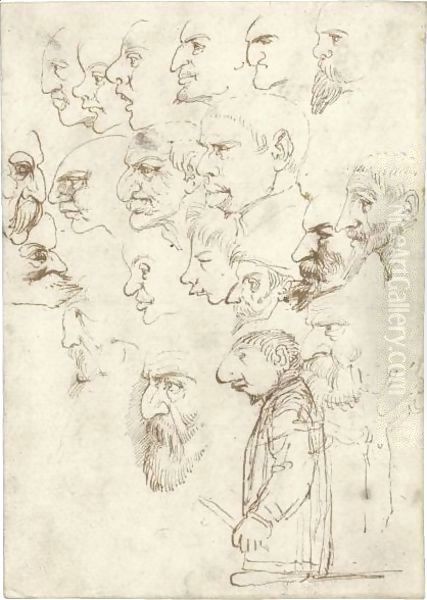 Sheet Of Studies Of 'Caricatures Of Famous Artists Of His Time' Oil Painting by Annibale Carracci