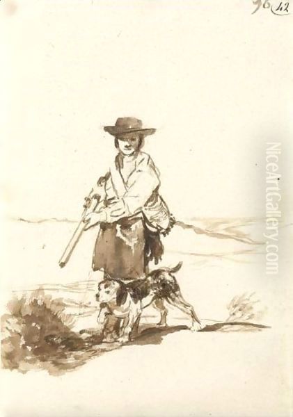 A Hunter With His Dog In A Landscape Oil Painting by Francisco De Goya y Lucientes