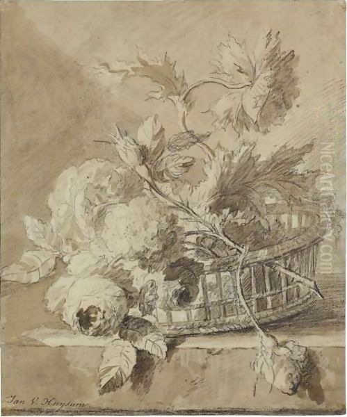 A Basket Of Flowers On A Plinth Oil Painting by Jan Van Huysum