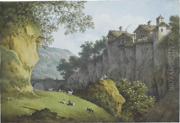 View Of A Ravine In The Mountains, Goats In The Foreground, Houses Perched On A Cliff To The Right Oil Painting by Joseph Augustus Knip