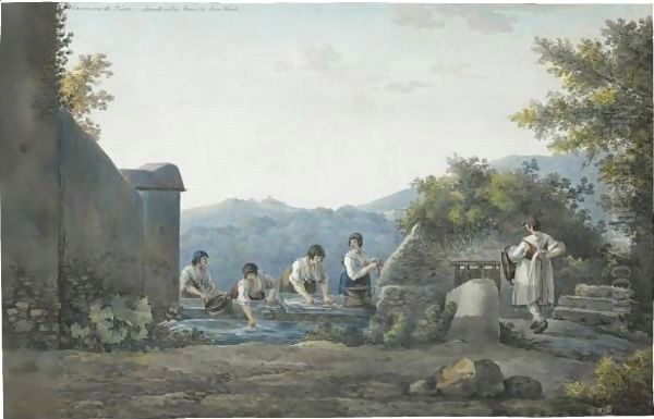 Washerwomen At A Fountain Near Tivoli Oil Painting by Franz Kaisermann