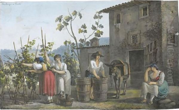 Peasants Harvesting Grapes, Near Tivoli Oil Painting by Franz Kaisermann