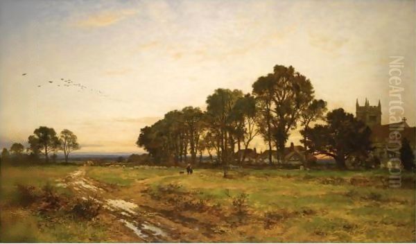 The Close Of Day, Worcestershire Meadows Oil Painting by Benjamin Williams Leader