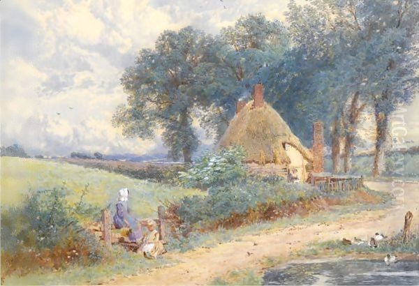 A Cottage Near Witley, Surrey Oil Painting by Myles Birket Foster