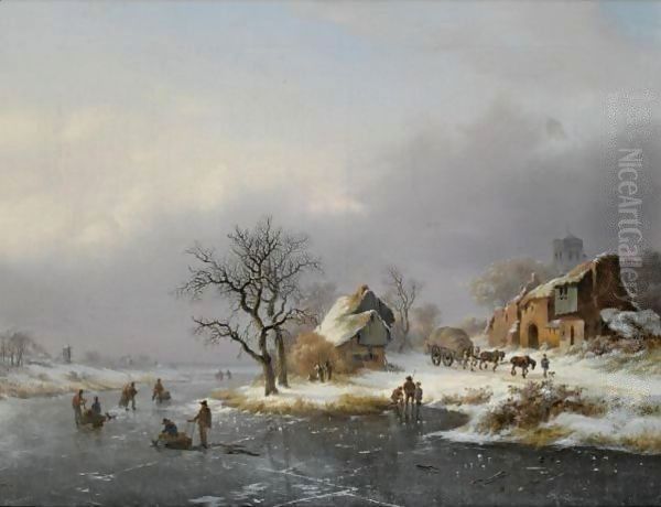 A Winter Landscape With Skaters, A Horse-Drawn Cart On A Path Nearby Oil Painting by Frederik Marianus Kruseman