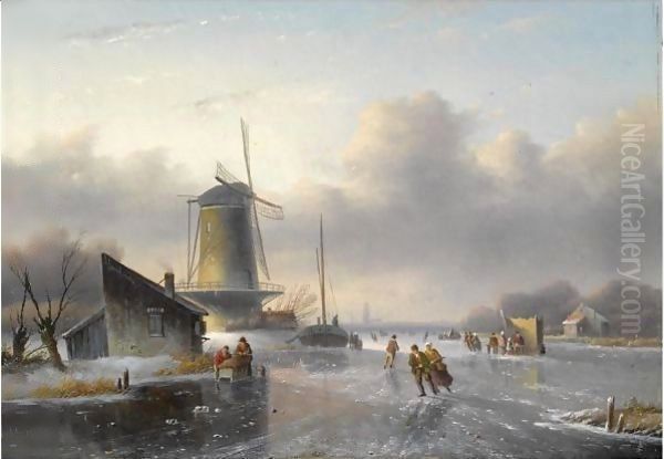 Skaters On A Frozen River, A 'Koek En Zopie' In The Distance Oil Painting by Jan Jacob Coenraad Spohler