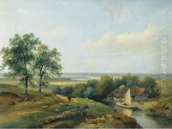 A Herd With His Flock In A Panoramic Summer Landscape Oil Painting by Andreas Schelfhout