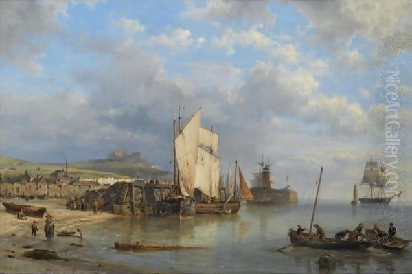 A Harbour Scene At Low Tide Oil Painting by Hermanus Koekkoek