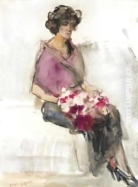 A Seated Lady With Flowers Oil Painting by Isaac Israels