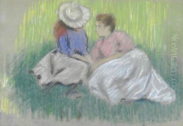 Sull'Erba (Femme Et Fillette Assieses Sur L'Herbe) Oil Painting by Federigo Zandomeneghi