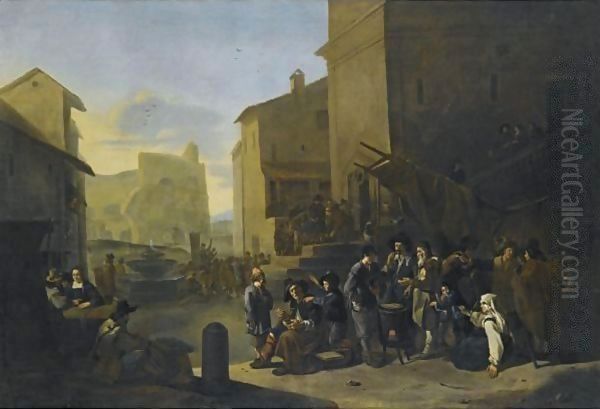 A Roman Market Scene With Peasants Gathered Around A Stove Oil Painting by Johannes Lingelbach