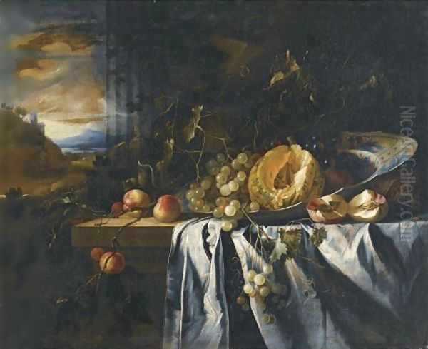 Still Life With A Melon In A Porcelain Bowl Together With Grapes And Peaches On A Wooden Ledge, A Landscape Beyond Oil Painting by Gregorius De Coninck