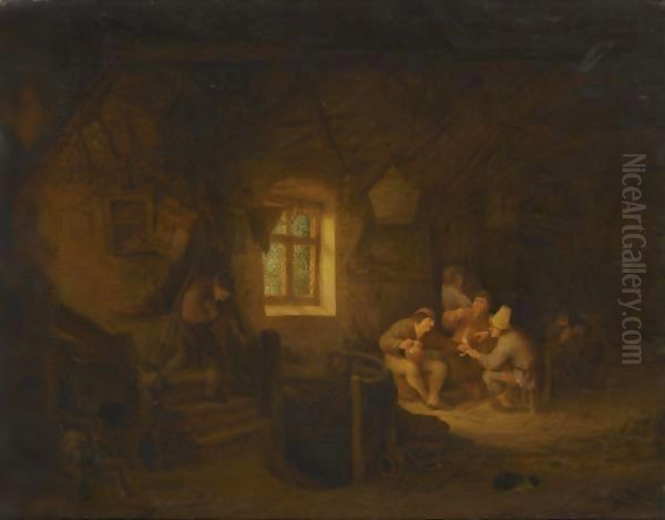 A Tavern Interior With Peasants Drinking Beneath A Window Oil Painting by Adriaen Jansz. Van Ostade