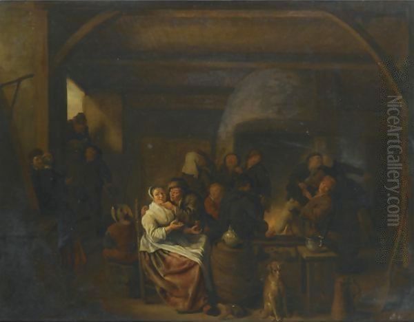 The Interior Of A Tavern With Peasants Cavorting And Drinking Oil Painting by Jan Miense Molenaer